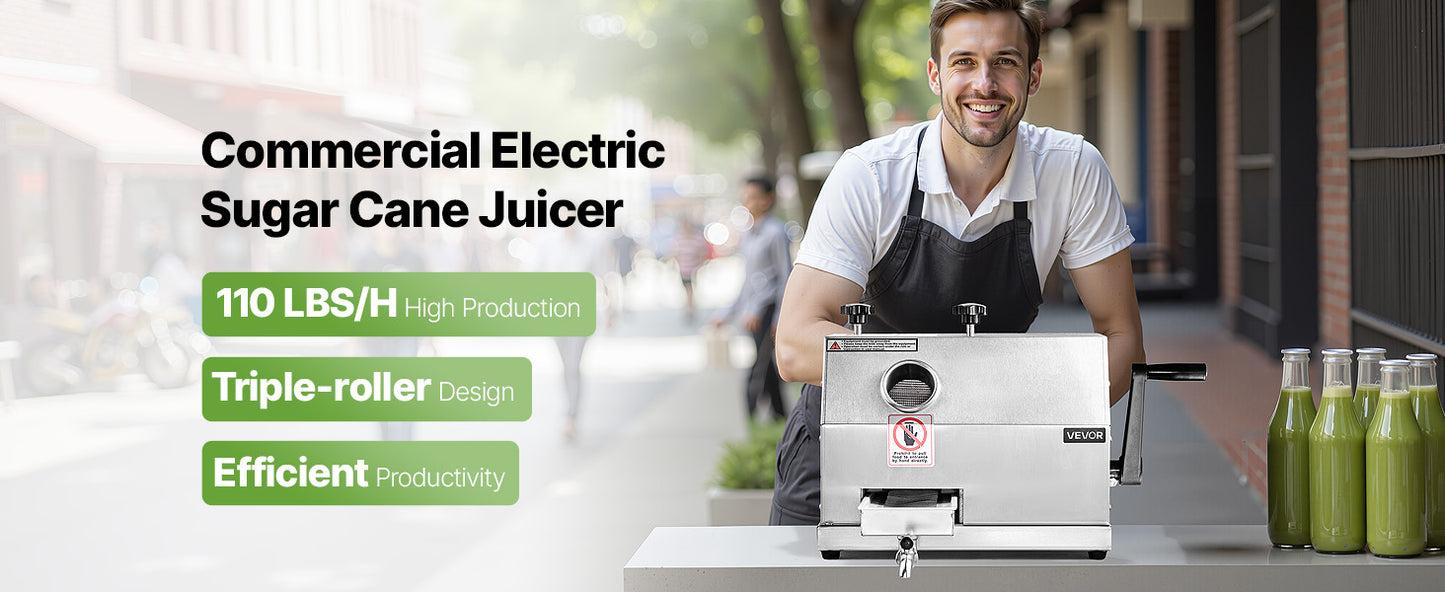 SucceBuy Commercial Sugar Cane Juicer – 110LBS/H, 3 Stainless Steel Rollers