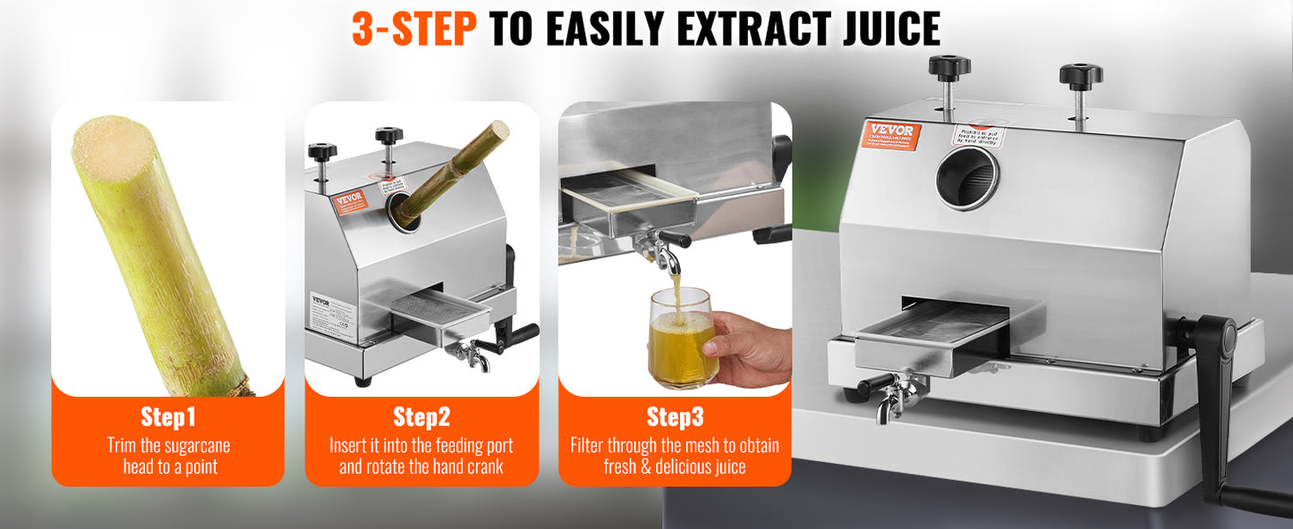 SucceBuy Commercial Sugar Cane Juicer – 110LBS/H, 3 Stainless Steel Rollers