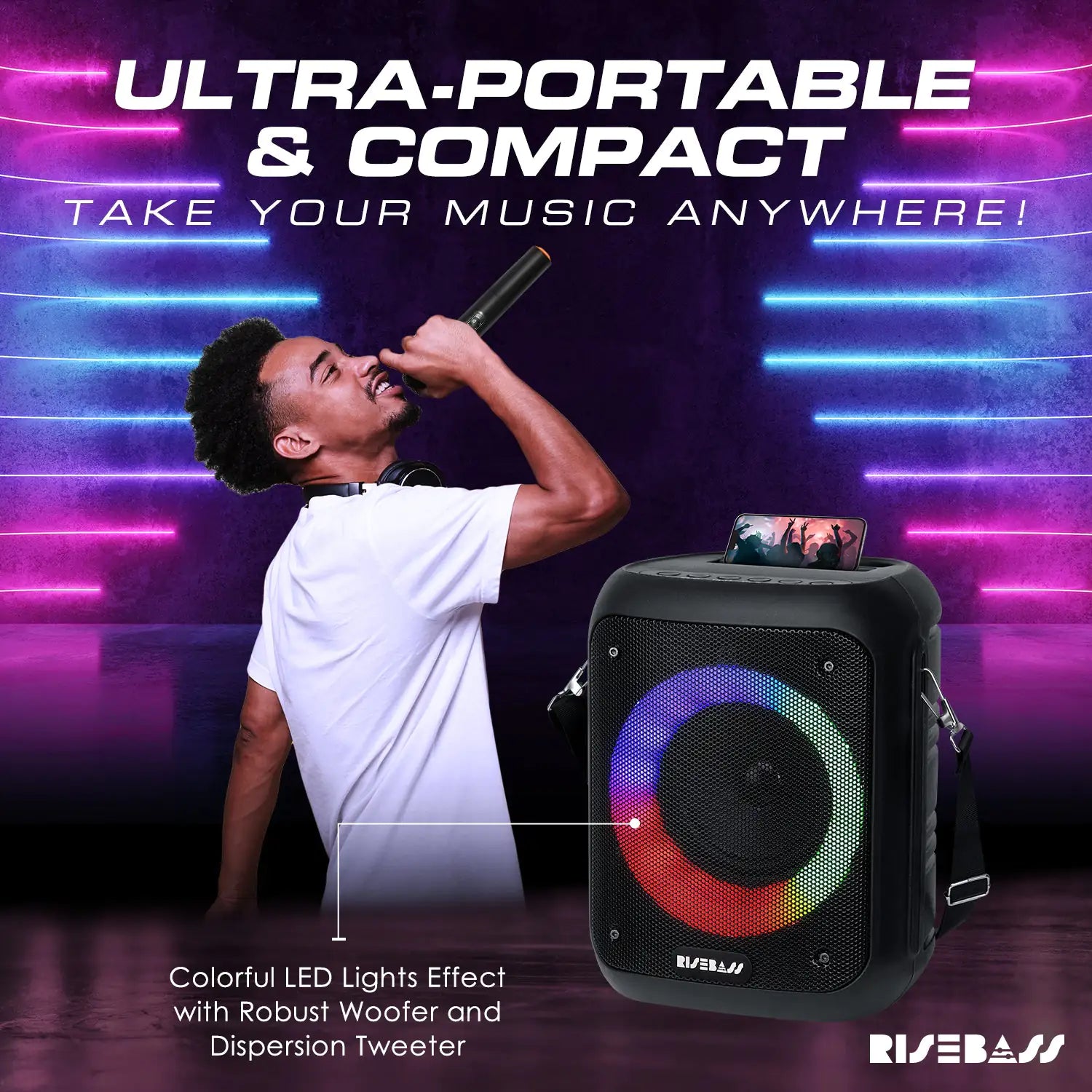 R.E.D. Shopping karaoke machine with built-in microphone and audio controls, ideal for home entertainment and singing sessions.