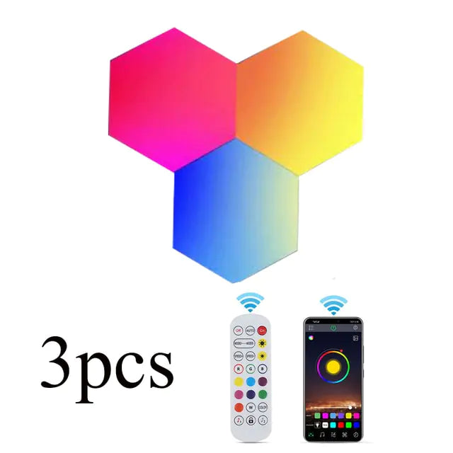 Colorful RGB hexagon LED wall light set from R.E.D. Shopping, ideal for modern gaming or decor lighting in home and garden.