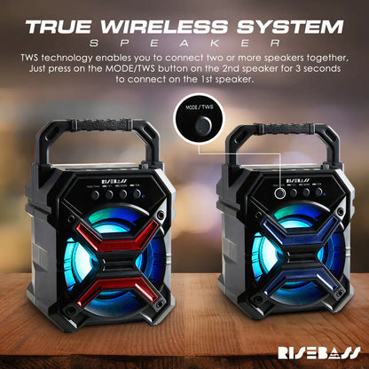 Portable wireless Bluetooth speaker by R.E.D. Shopping, compact design with controls and speaker grille visible in the image.