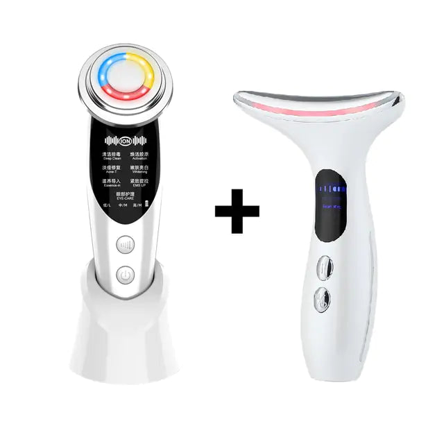 LED Facial Neck Massager from R.E.D. Shopping showing a sleek device with LED lights designed for facial and neck relaxation.