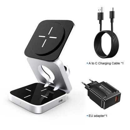 Wireless charging station by R.E.D. Shopping for fast charging phones, smartwatches, and earbuds with multiple device compatibility.