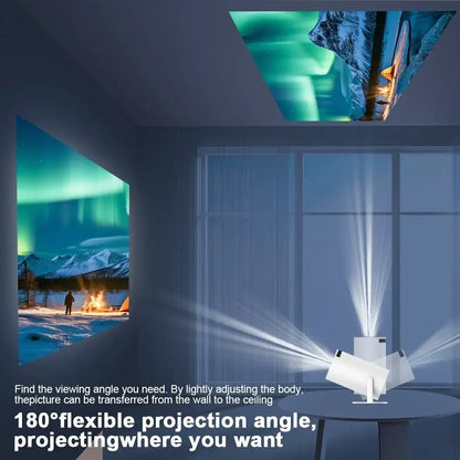 R.E.D. Shopping Projector HY300 4K Ultra HD home cinema projector showing colorful image on a wall in a dark room.