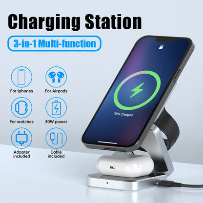 R.E.D. Shopping 3-in-1 wireless charging station with phone, watch, and earbuds charging pads on a sleek surface